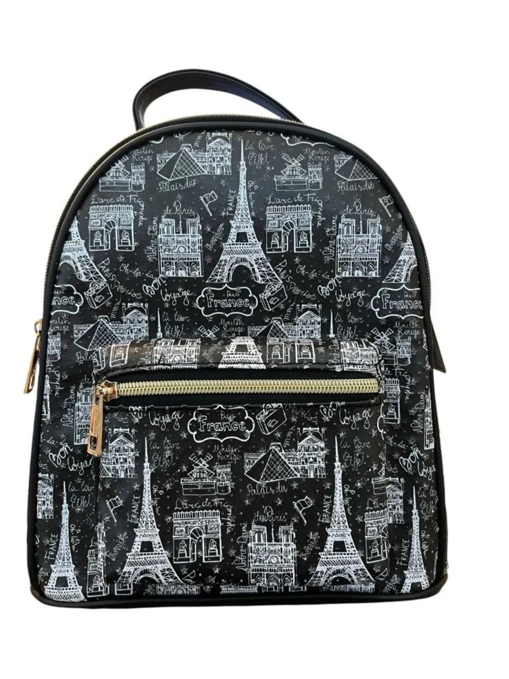 Ladies Paris France Eiffel Tower Sparkle Mini Backpack Bag Black Pocket NWT